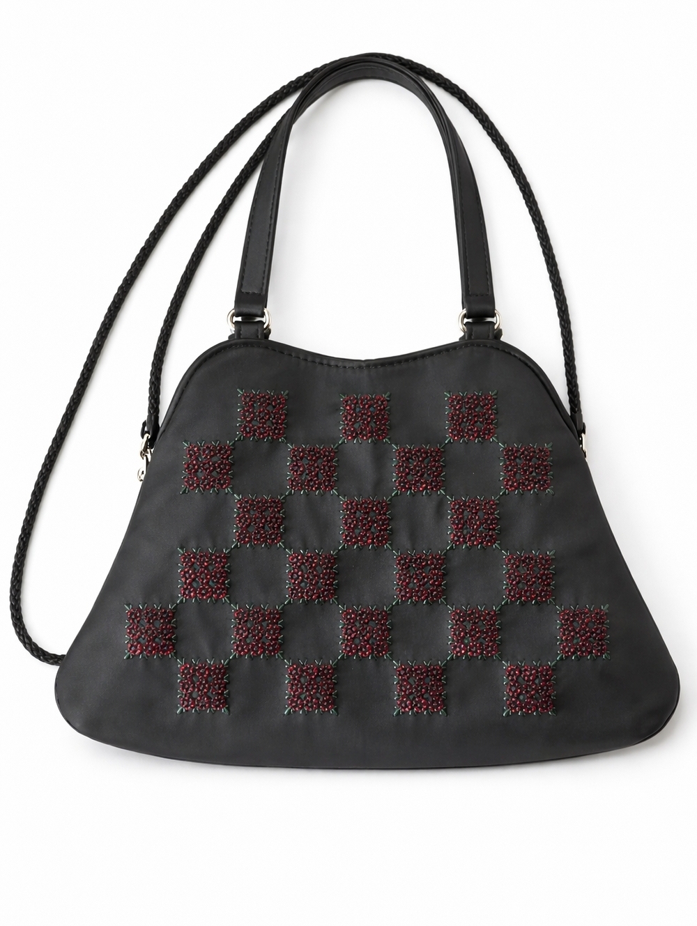 Kathy Lee Black Beaded Red Square Design  Satin Crossbody Bag